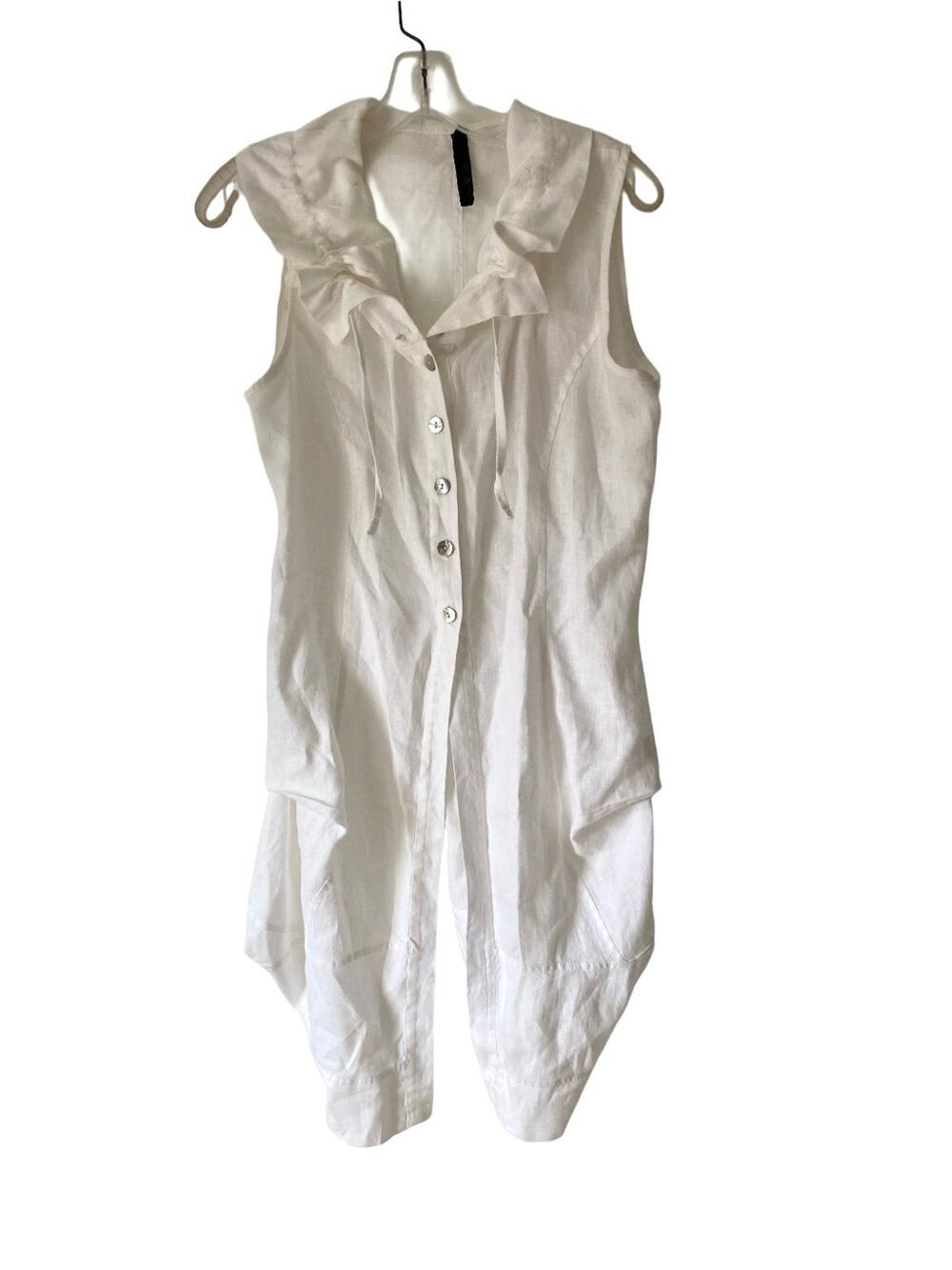 ONZ Sleeveless White Button-Front Linen Tunic Drawstring Neck size medium
